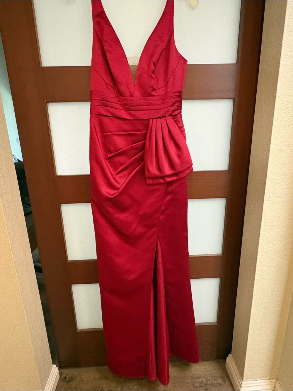 Signature Crimson Satin Plunge Neck Evening Gown